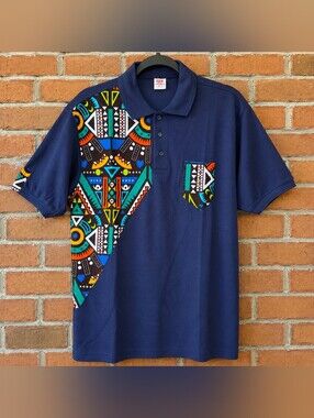 Navy Polo Shirt with Vibrant Tribal Design
